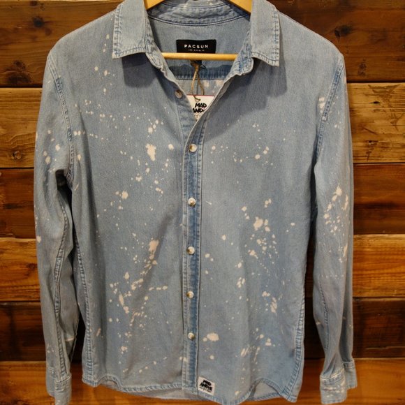 Bob Marley One-of-a-Kind Pac-Sun Bleach Splattered Custom MadAndie Denim Shirt - Picture 2 of 7
